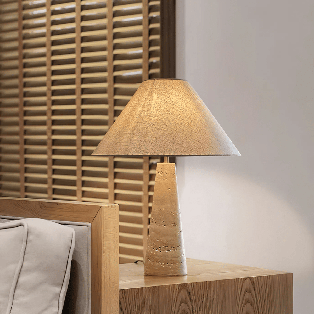 Travertine Column Table Lamp with Off-White Fabric Shade