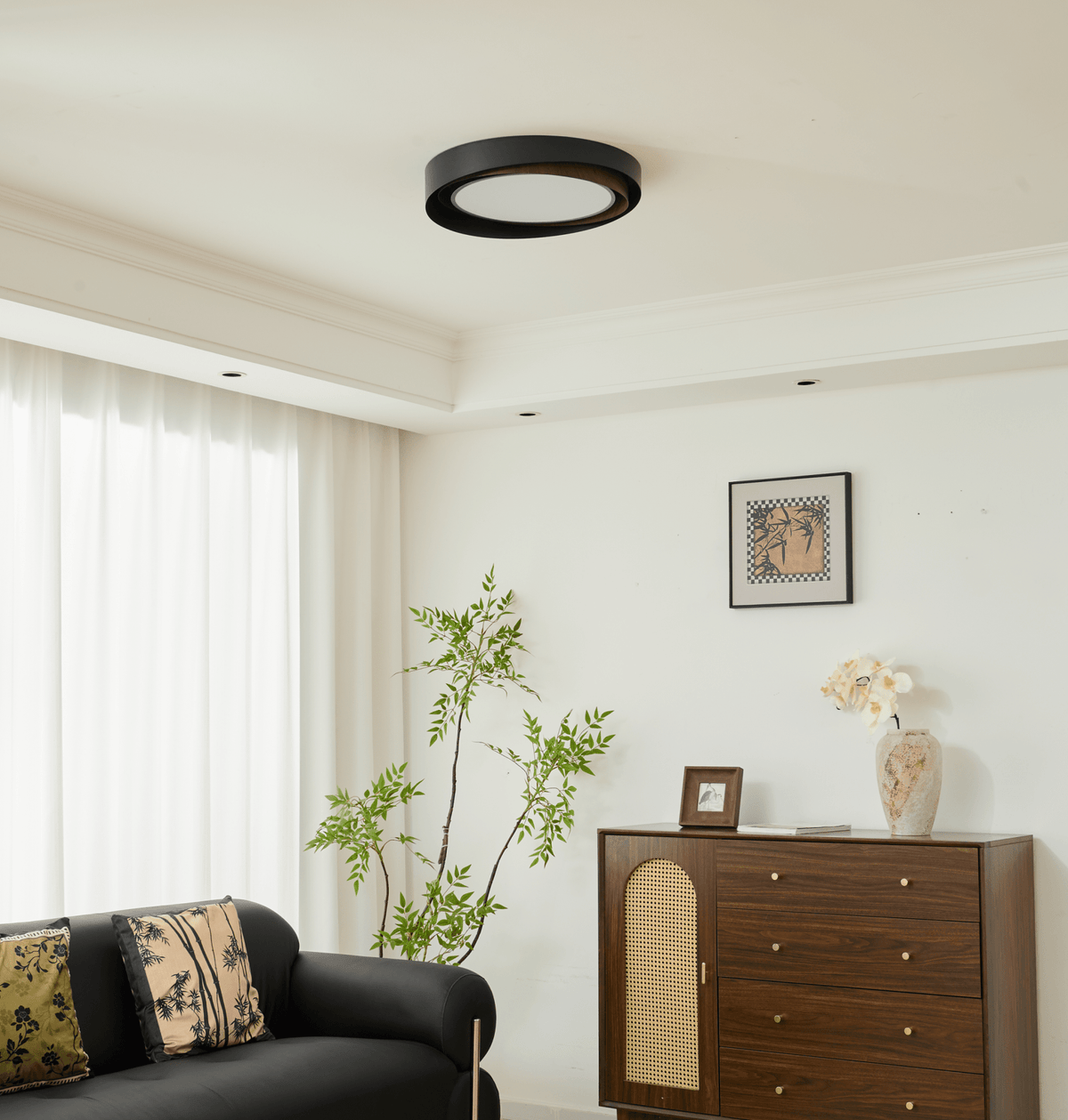 Kaelen Duet Flush Mount Ceiling Light – Modern LED Wood Grain & Iron