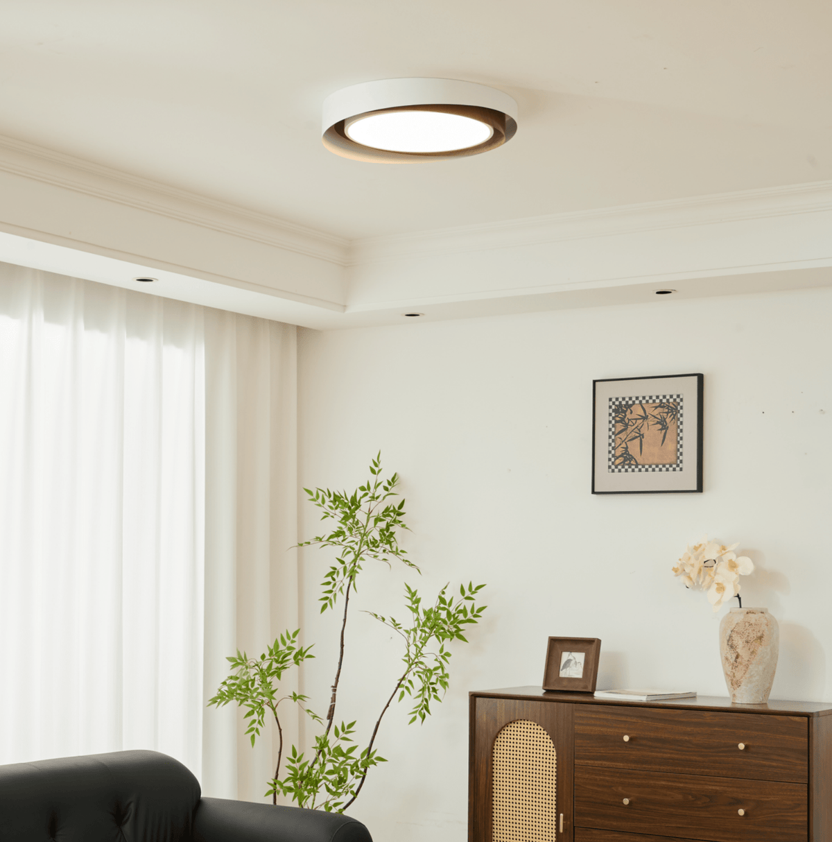 Kaelen Duet Flush Mount Ceiling Light – Modern LED Wood Grain & Iron