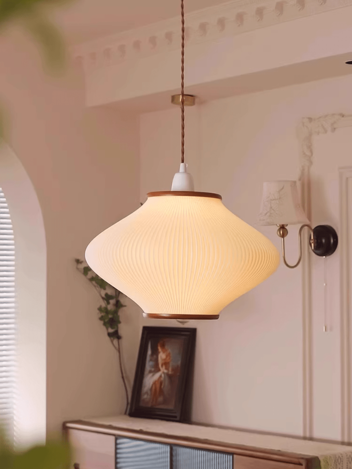 Olivra Fabric Pendant Light with Walnut Wood Accents for Dining and Living Spaces