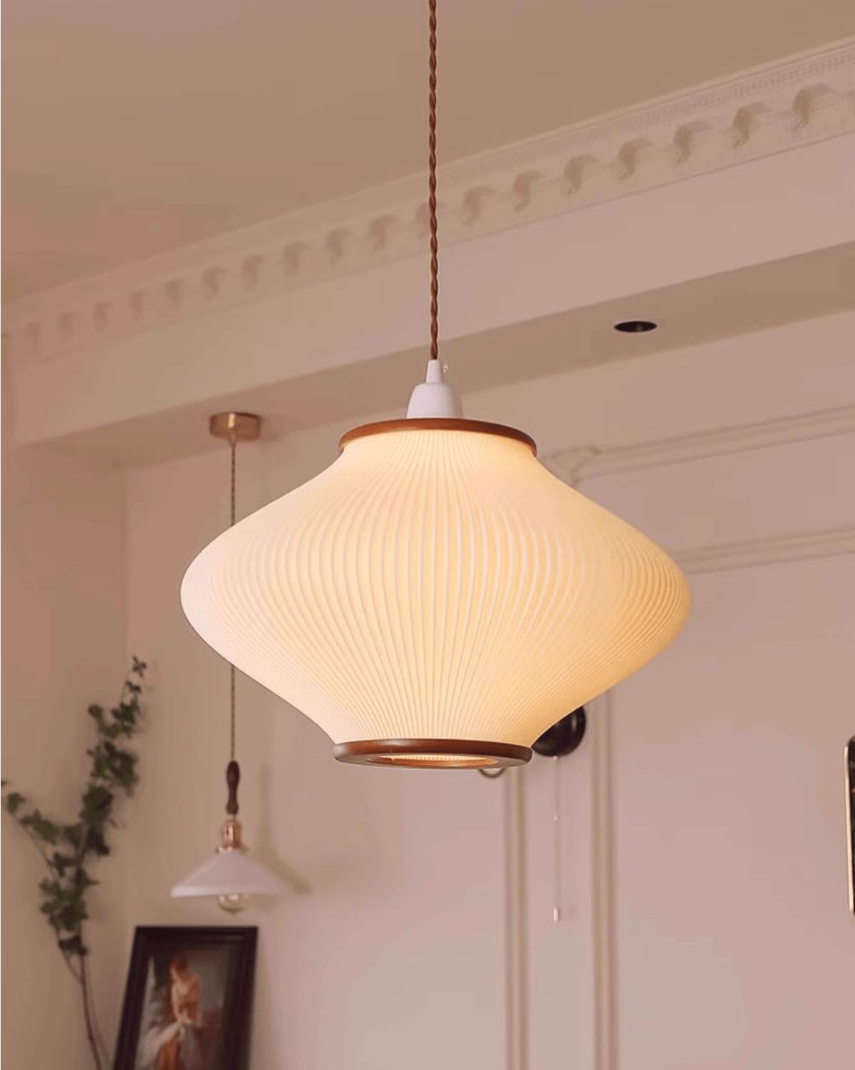 Olivra Fabric Pendant Light with Walnut Wood Accents for Dining and Living Spaces