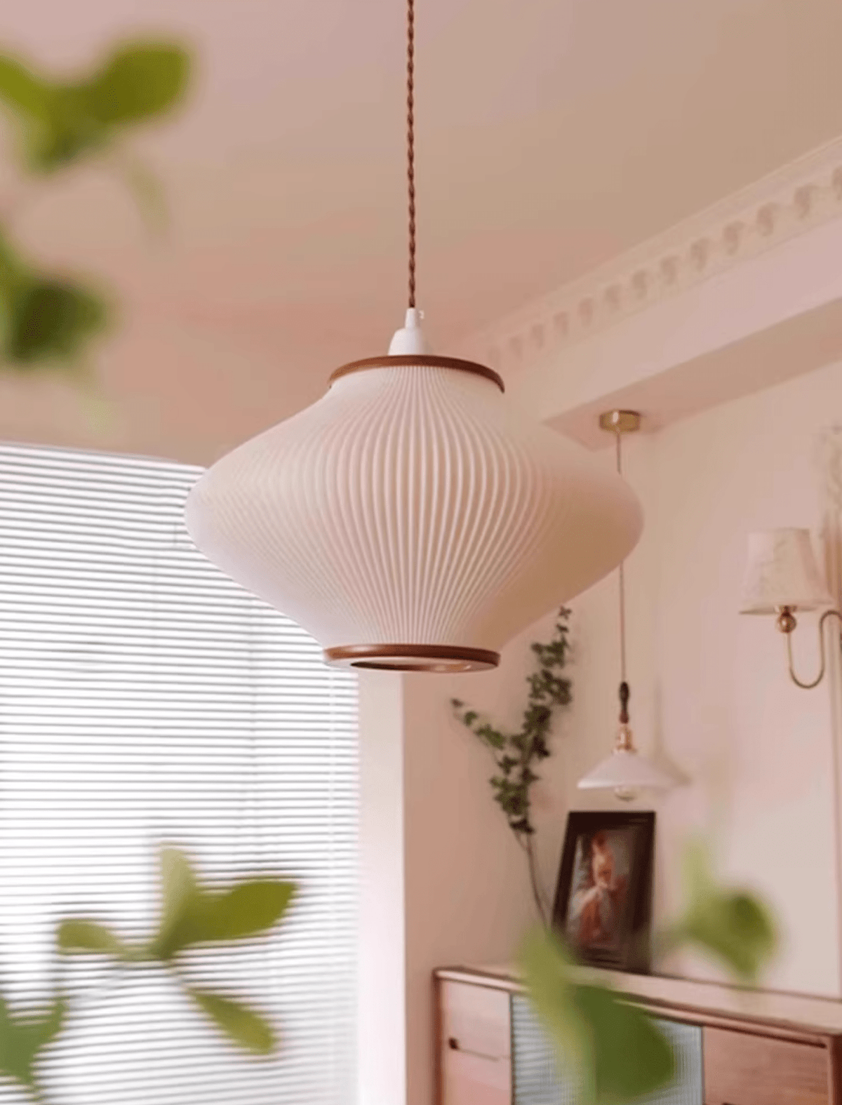Olivra Fabric Pendant Light with Walnut Wood Accents for Dining and Living Spaces
