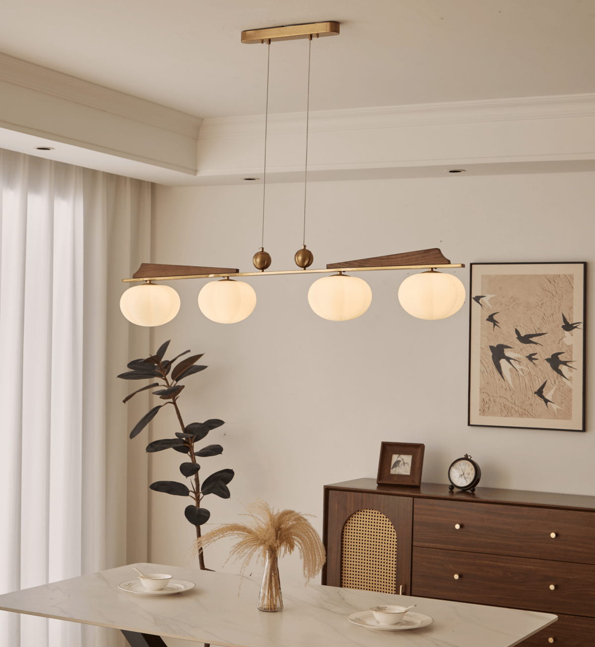 Astrid Bloom Mid-Century Modern Wood & Brass Chandelier with Glass Shades