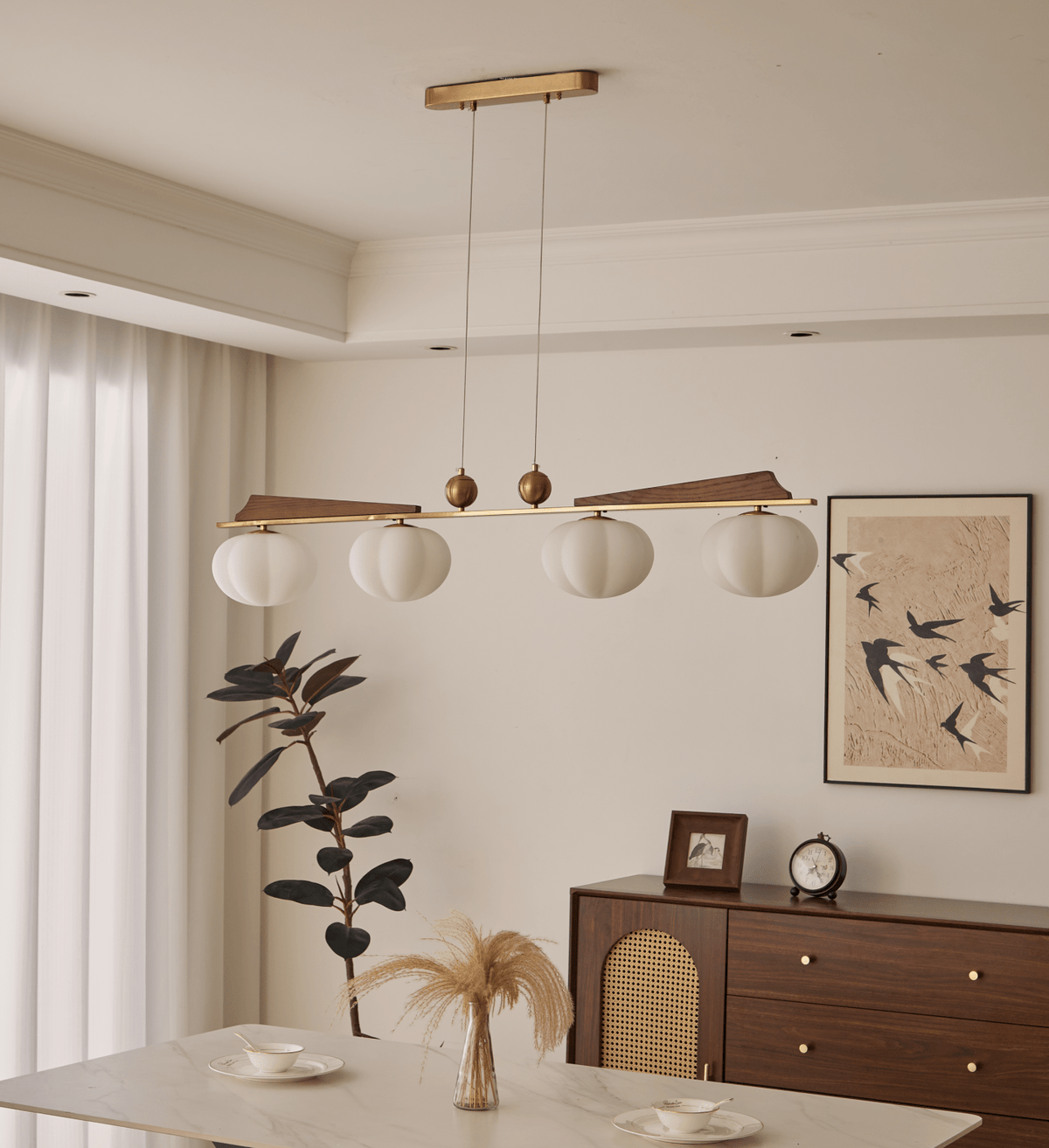 Astrid Bloom Mid-Century Modern Wood & Brass Chandelier with Glass Shades