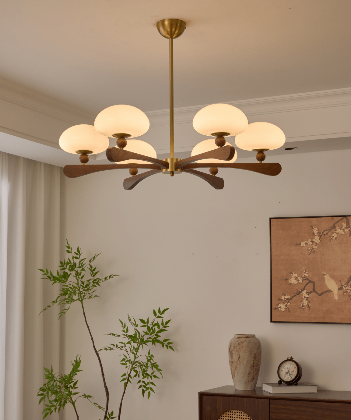 Evander Ray Modern Wood and Brass Chandelier with Glass Shades