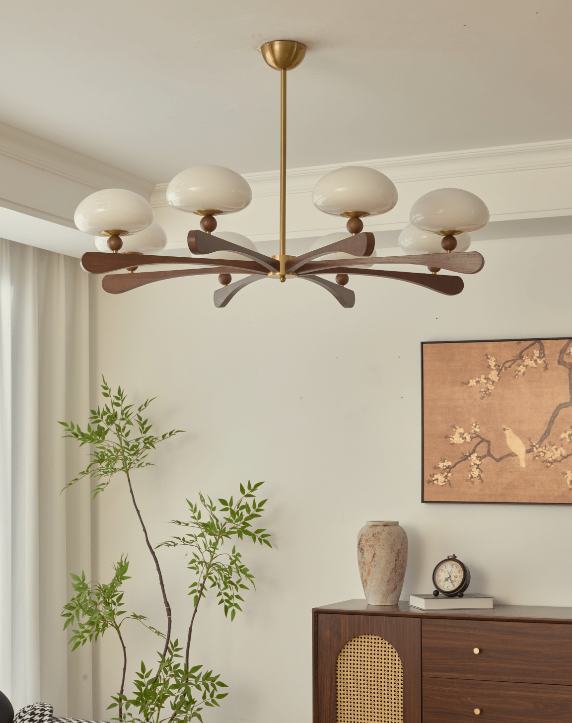 Evander Ray Modern Wood and Brass Chandelier with Glass Shades