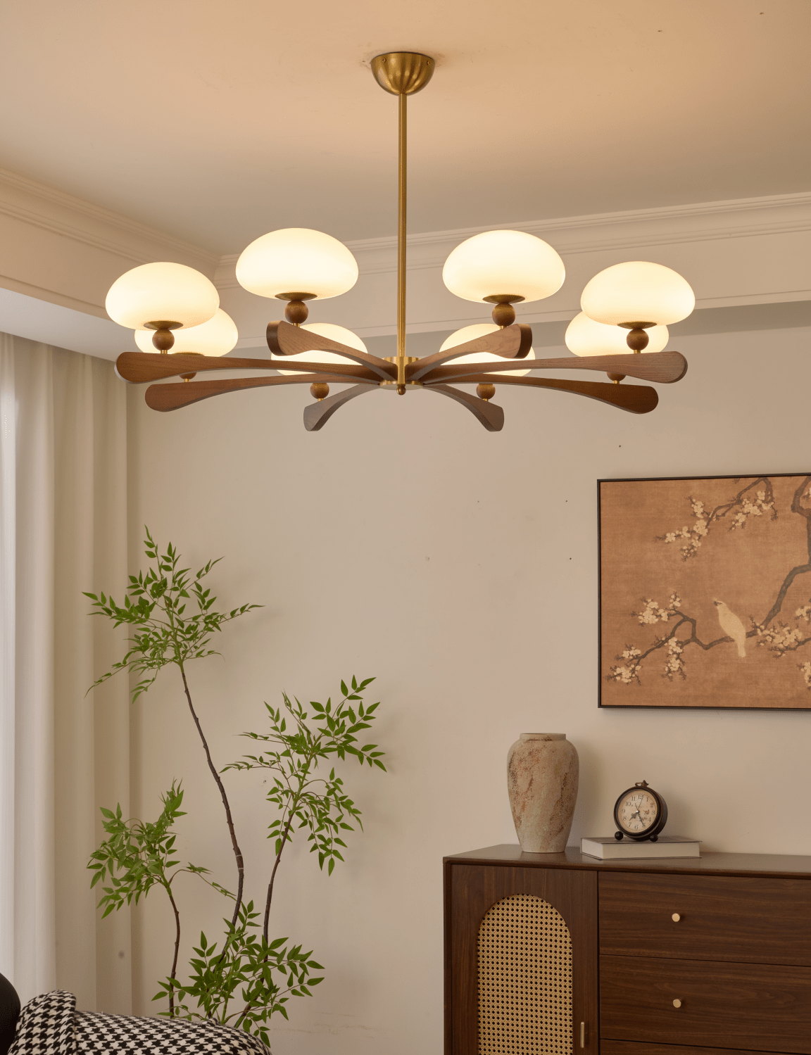 Evander Ray Modern Wood and Brass Chandelier with Glass Shades