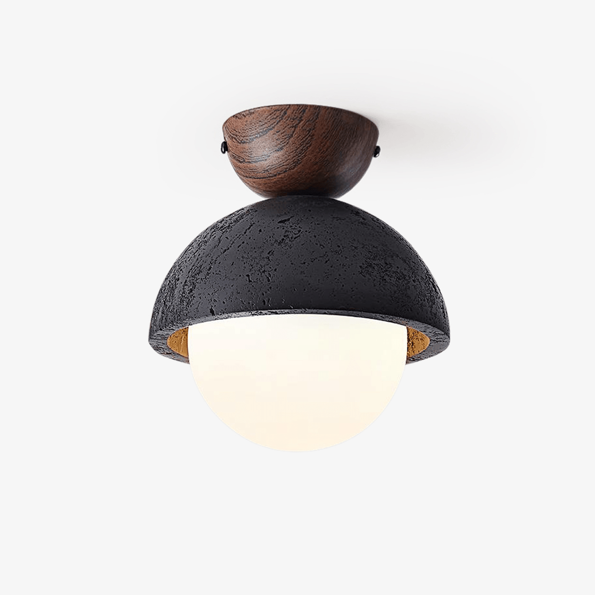 Volcanic Orb Flush Mount Ceiling Light in Black Travertine and Opal Glass