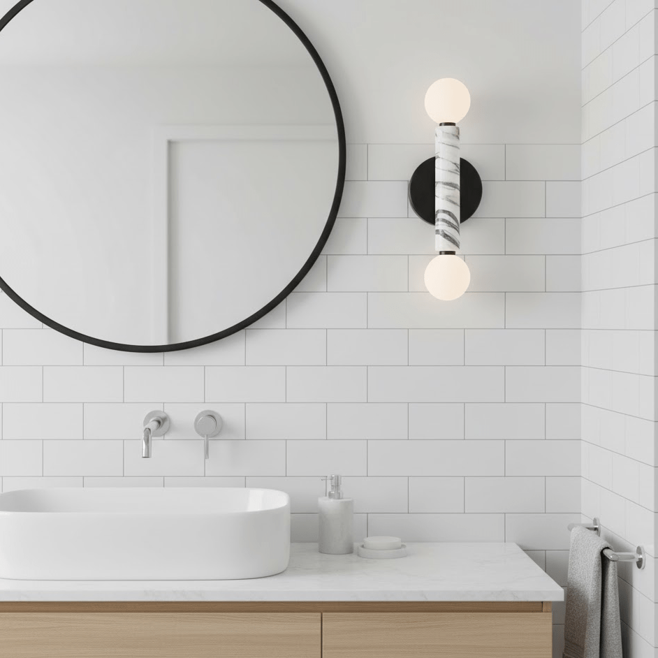 Obelisk Orb Wall Sconce in Marble and Opal Glass
