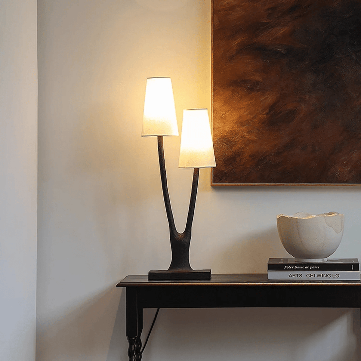 Roots Sculptural Table Lamp in Black Bronze with Fabric Shades