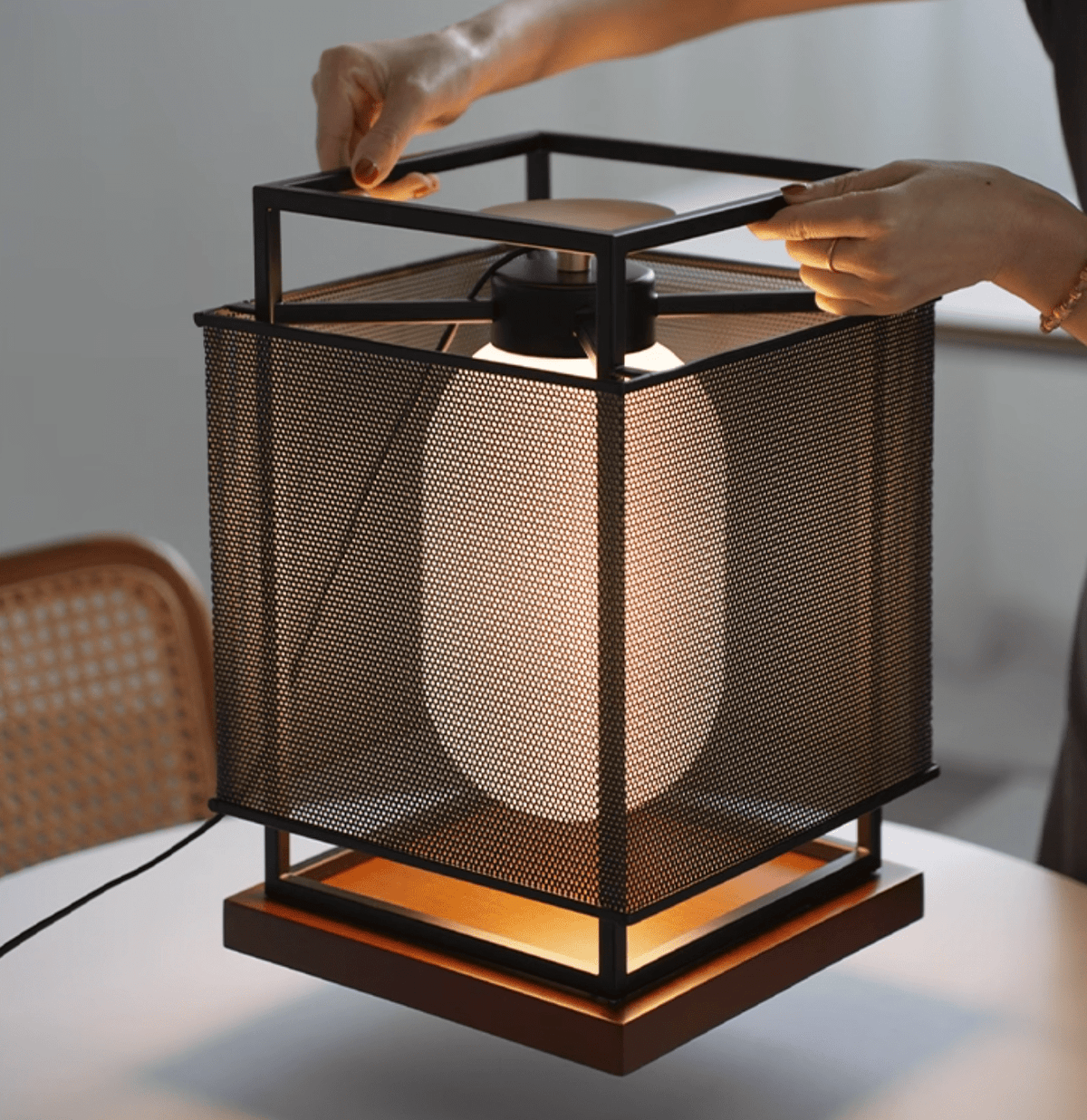 Maelis Sculptural Table Lamp with Perforated Metal Shade and Wooden Base