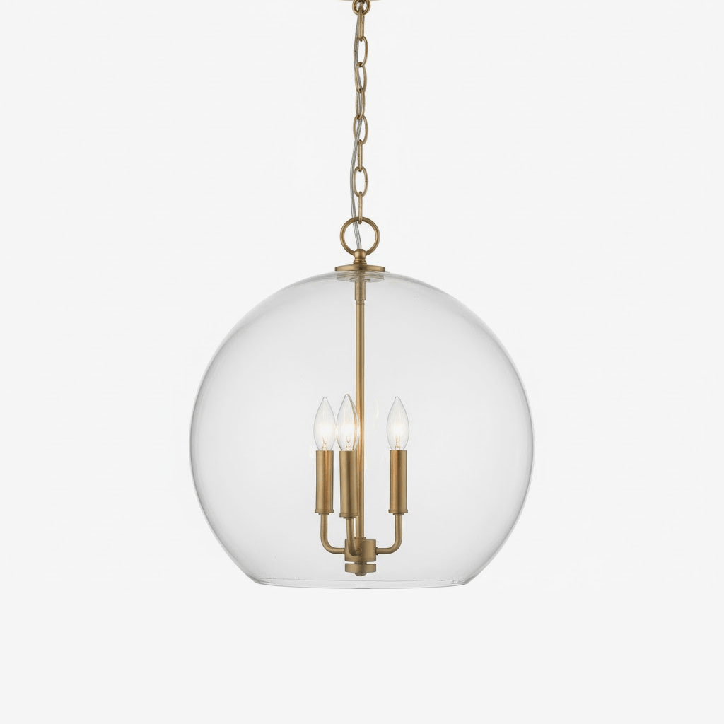 Lysander Clear Glass Globe Pendant Light in Aged Brass