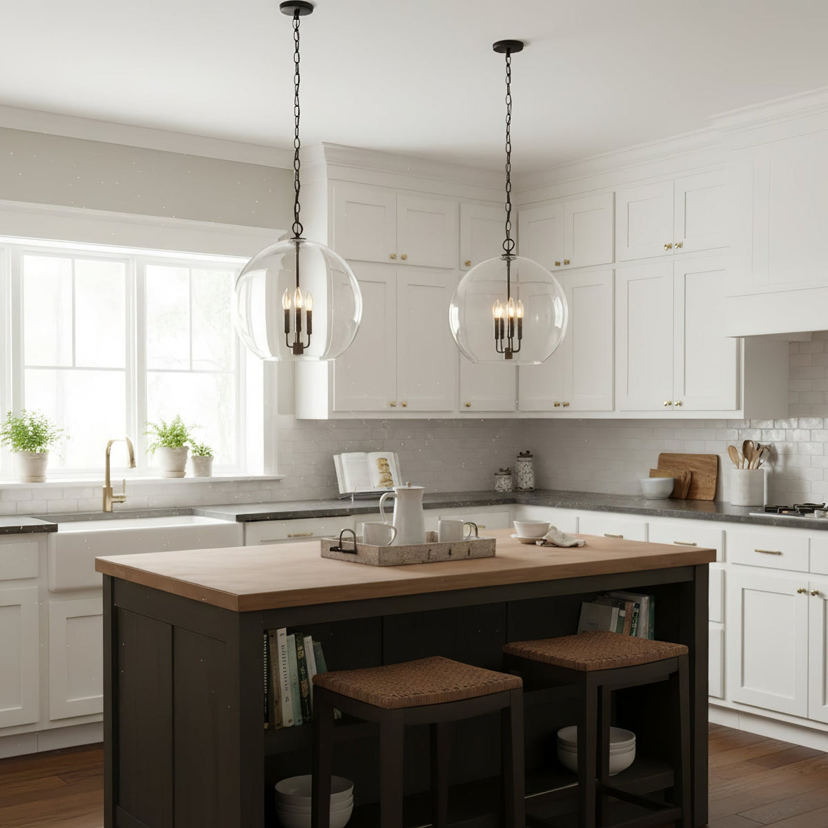 Lysander Clear Glass Globe Pendant Light in Aged Brass