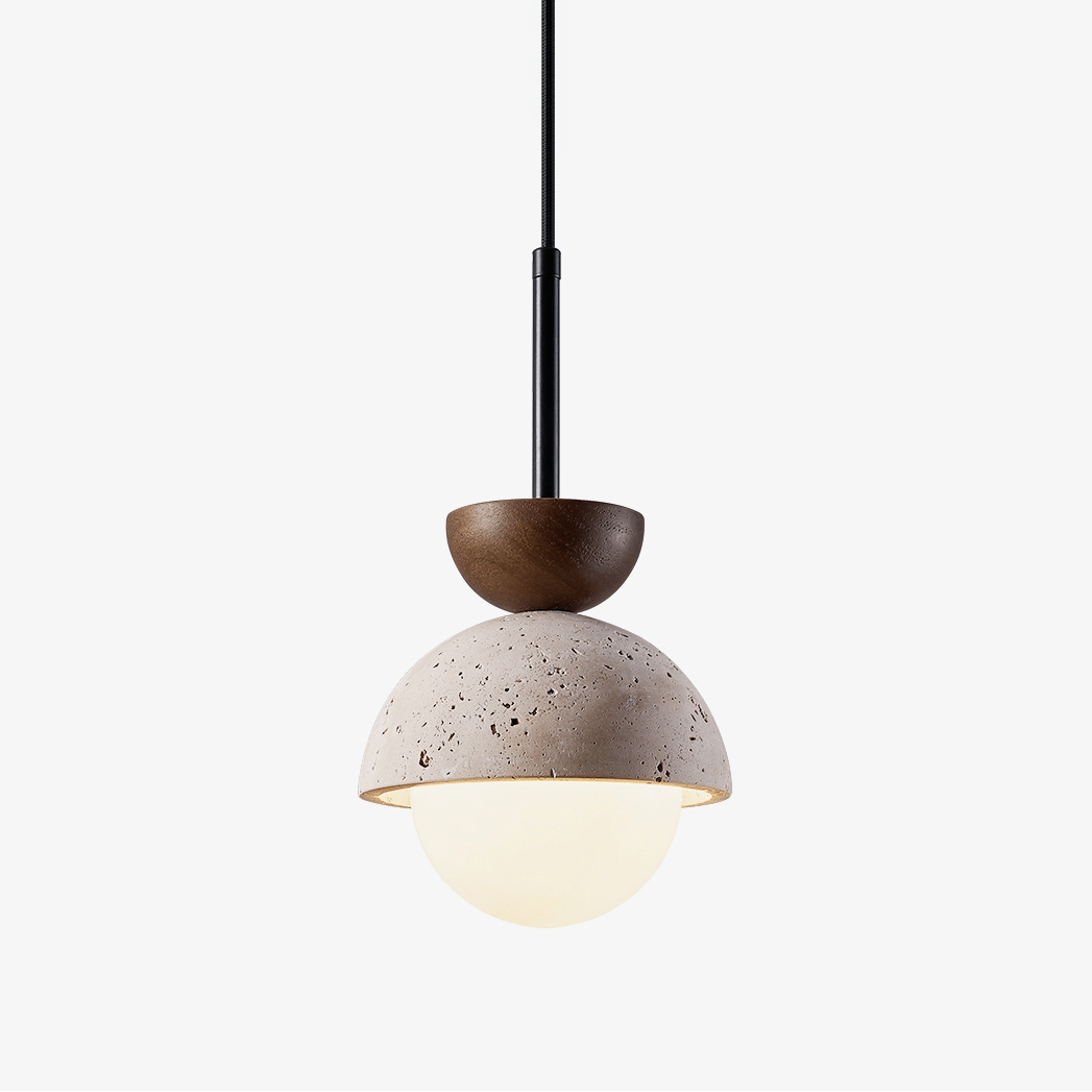 Avelin Travertine Pendant Light with Glass Globe and Wood Accent