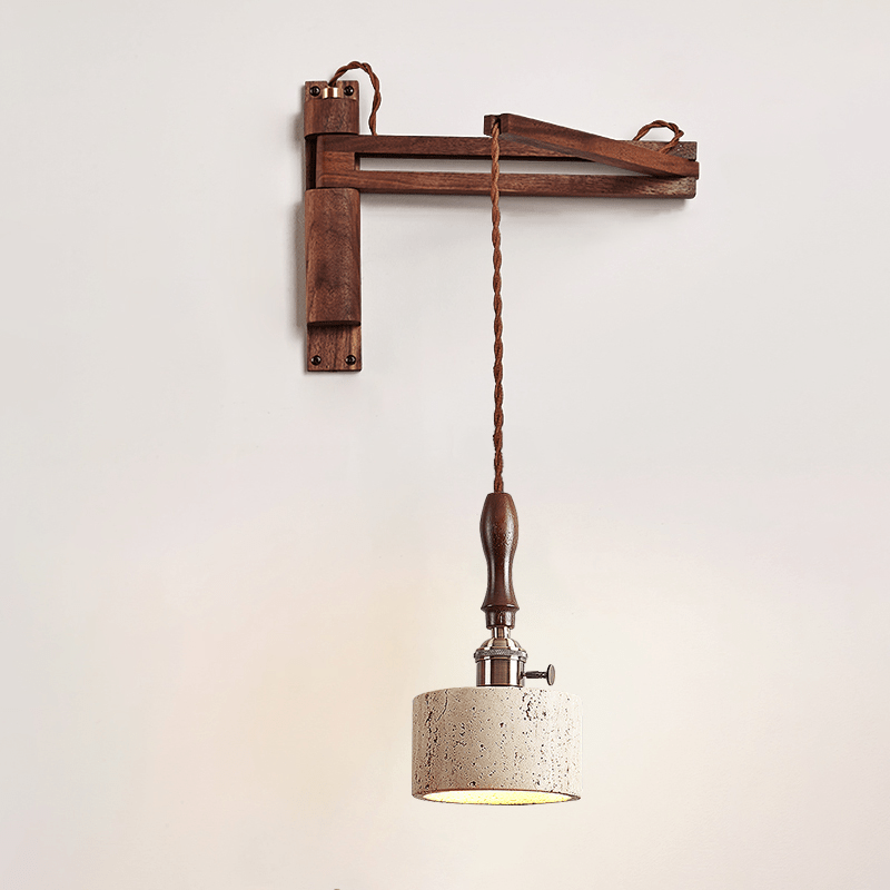 Arvilo Travertine Wall Sconce with Walnut Handle – Modern Bedside Lamp