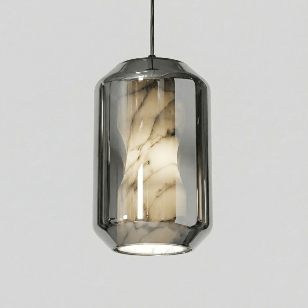Hand-Carved Alabaster Cylinder Pendant Light in Glass Shell