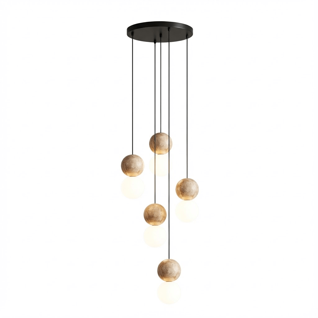 Camille Travertine Pendant Light – Natural Stone Sphere with Opal Glass Globe