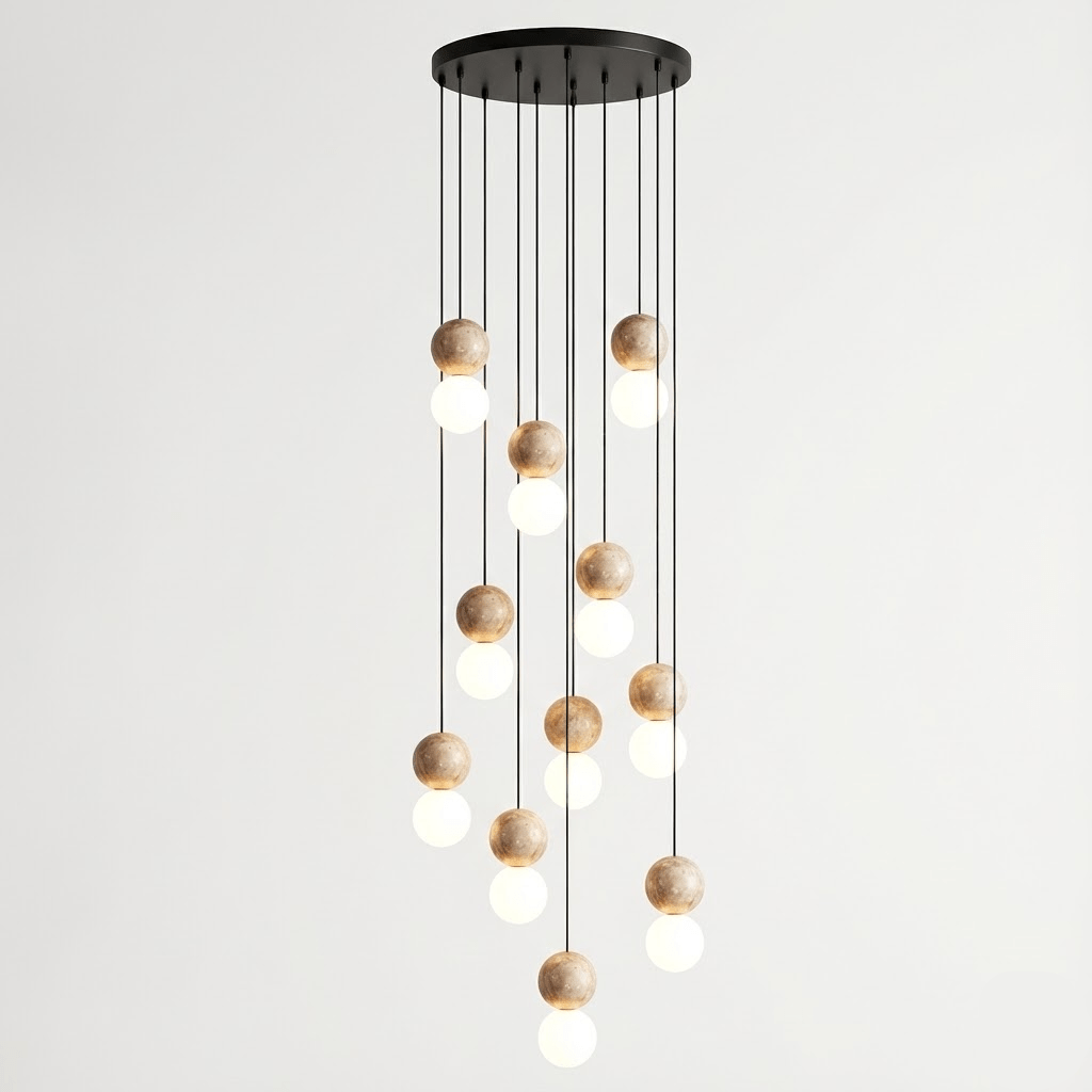 Camille Travertine Pendant Light – Natural Stone Sphere with Opal Glass Globe