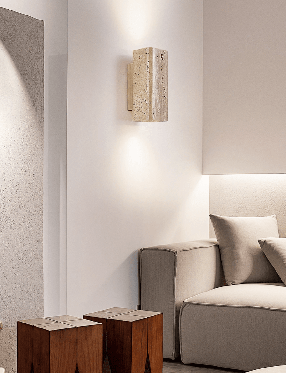 Tavora Arc Wall Sconce in Yellow Travertine and Walnut Wood