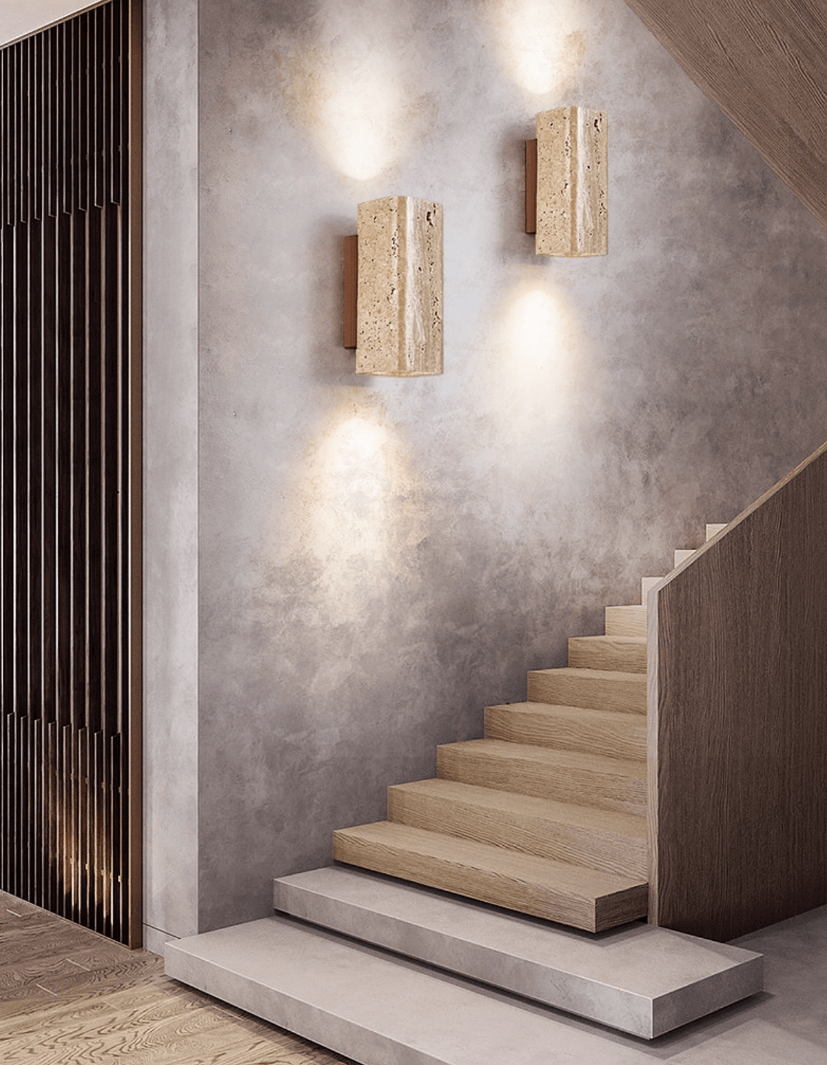 Tavora Arc Wall Sconce in Yellow Travertine and Walnut Wood