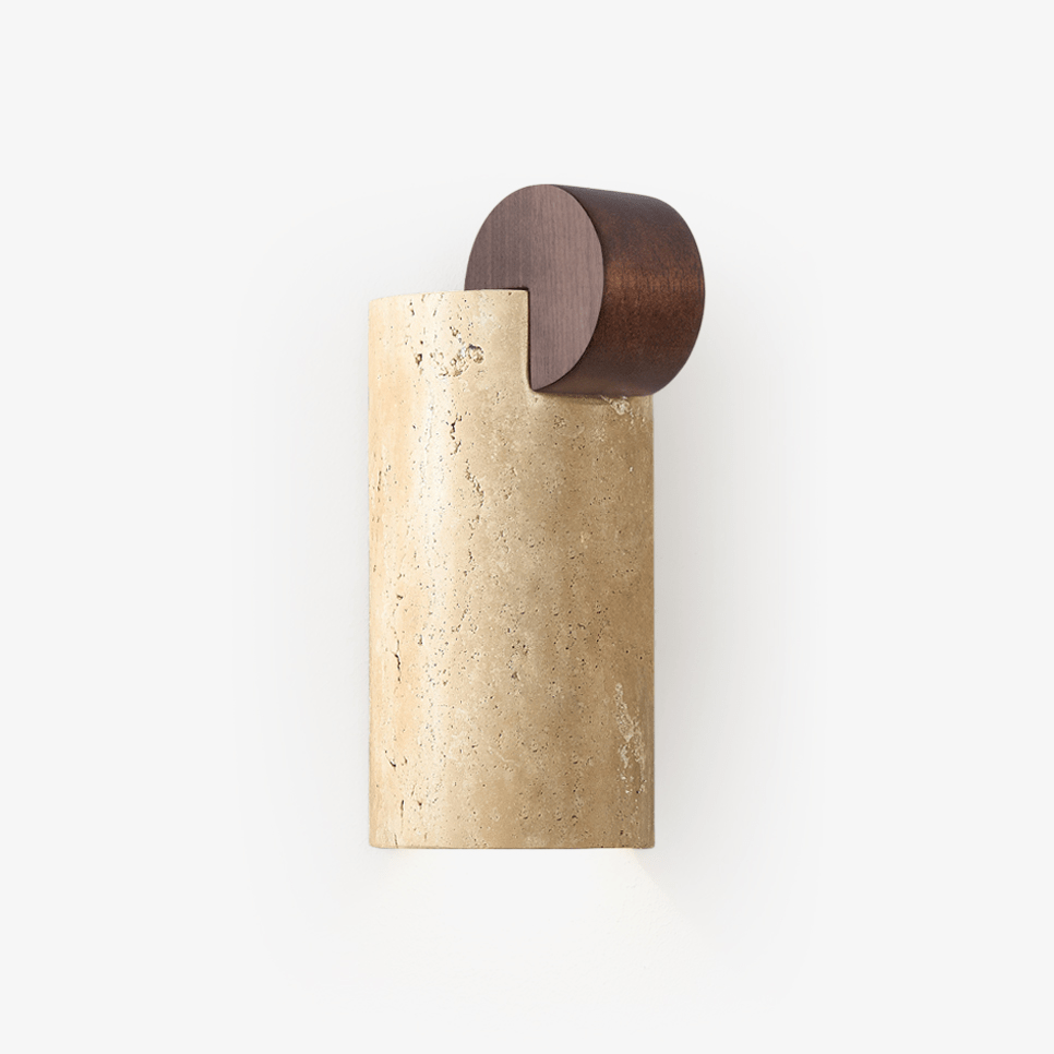 Solenne Curve Wall Sconce in Travertine and Walnut for Modern Interiors