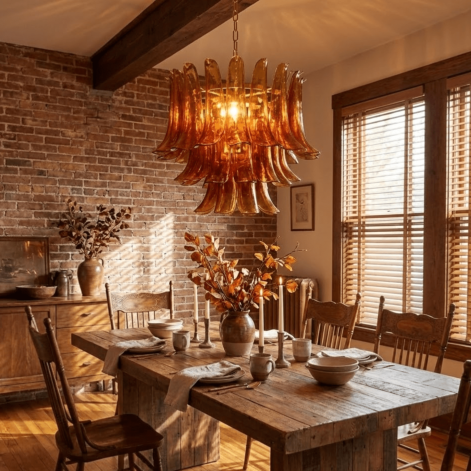 Emberwave Glass Chandelier – Handcrafted Amber Glass Pendant Light for Dining Room and Entryway
