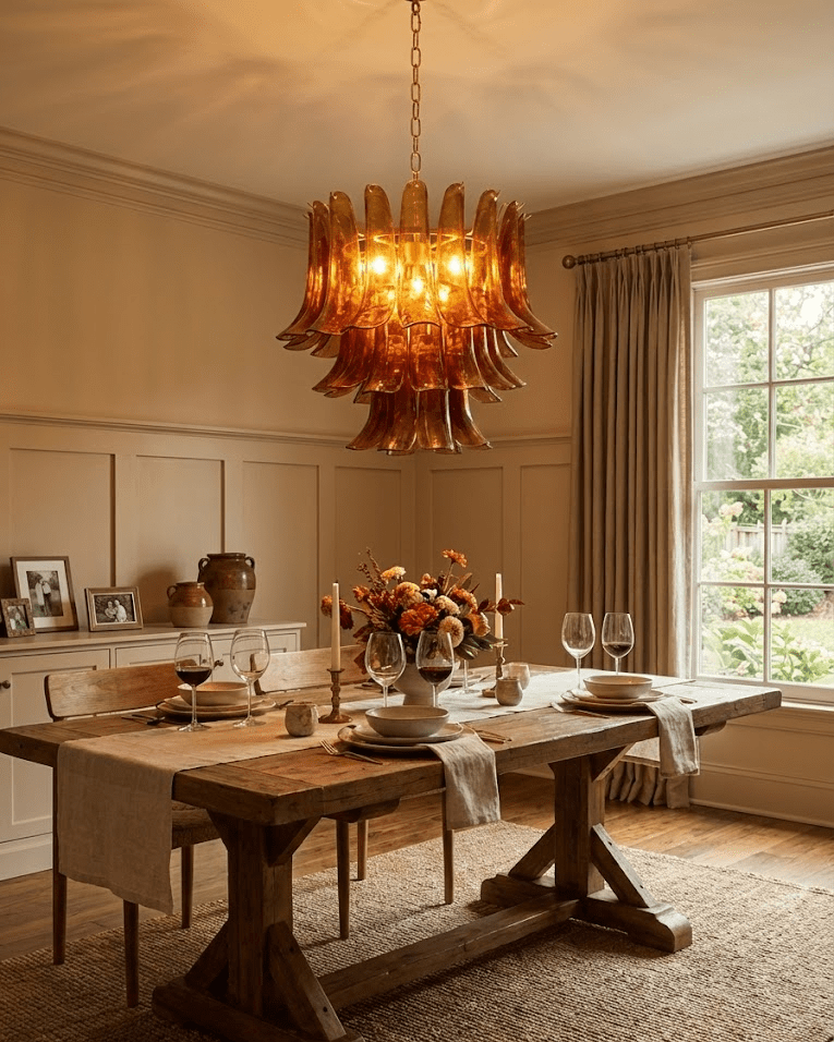 Emberwave Glass Chandelier – Handcrafted Amber Glass Pendant Light for Dining Room and Entryway