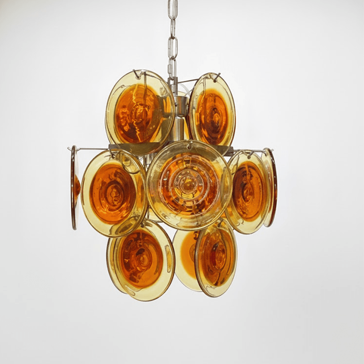 Mazzega Vistosi Style Hand-Blown Amber Glass Chandelier in Nickel