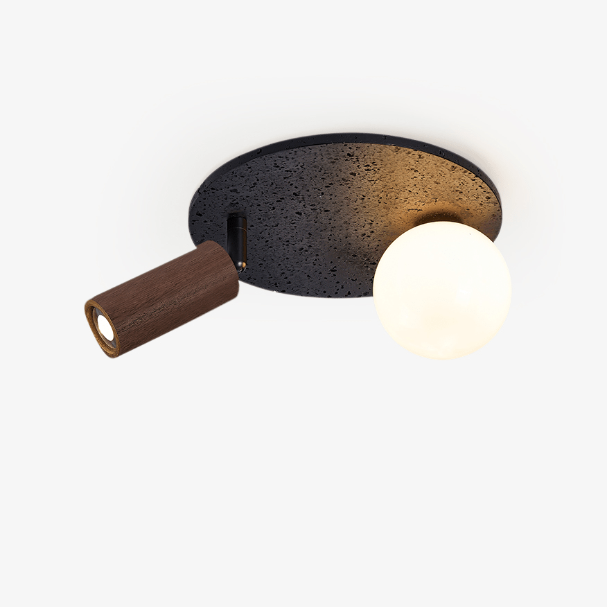 Dualora Stone Ceiling Light in Black Travertine with Opal Glass and Walnut Spotlight