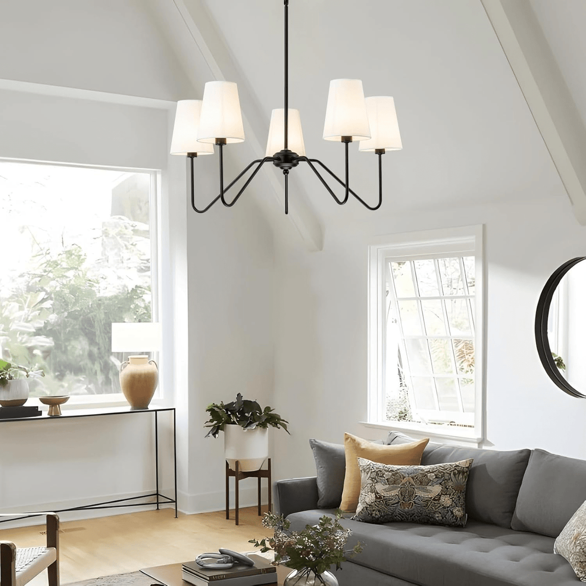 Lumos Black Chandelier – Modern Fabric Shade Pendant Light for Dining Room