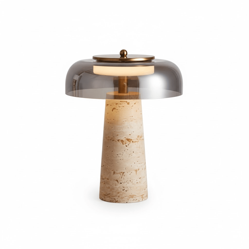 Strata Table Lamp in Yellow Travertine with Smoked Glass Shade