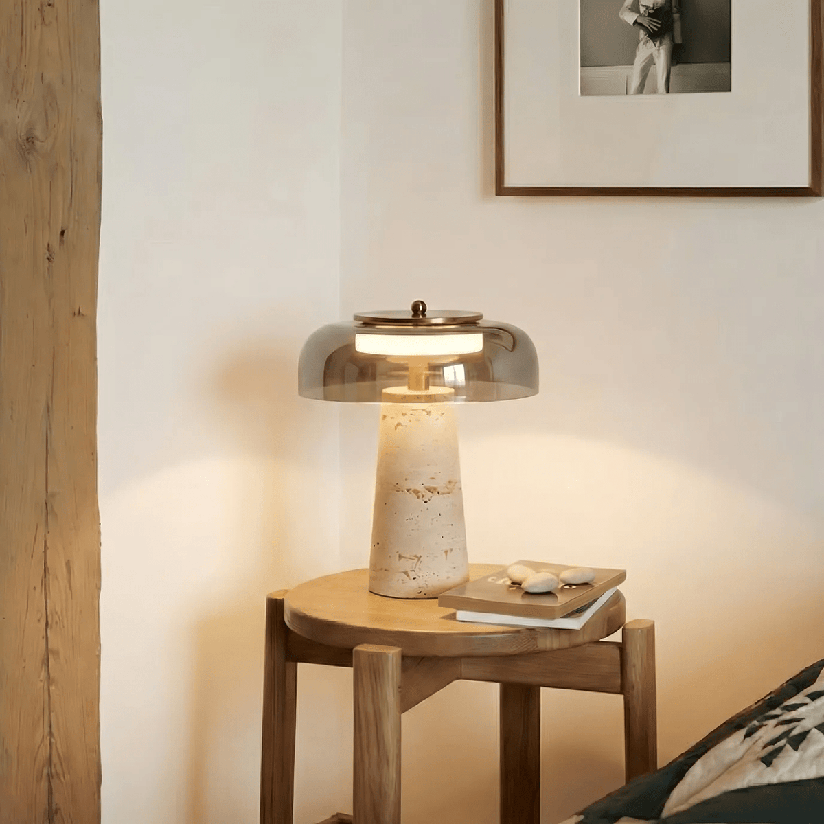 Strata Table Lamp in Yellow Travertine with Smoked Glass Shade