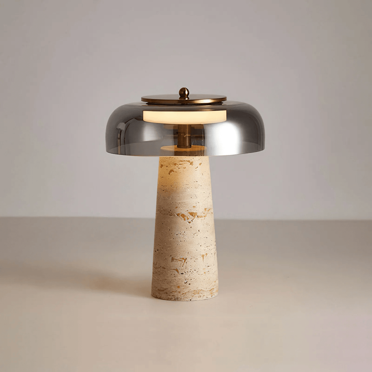 Strata Table Lamp in Yellow Travertine with Smoked Glass Shade