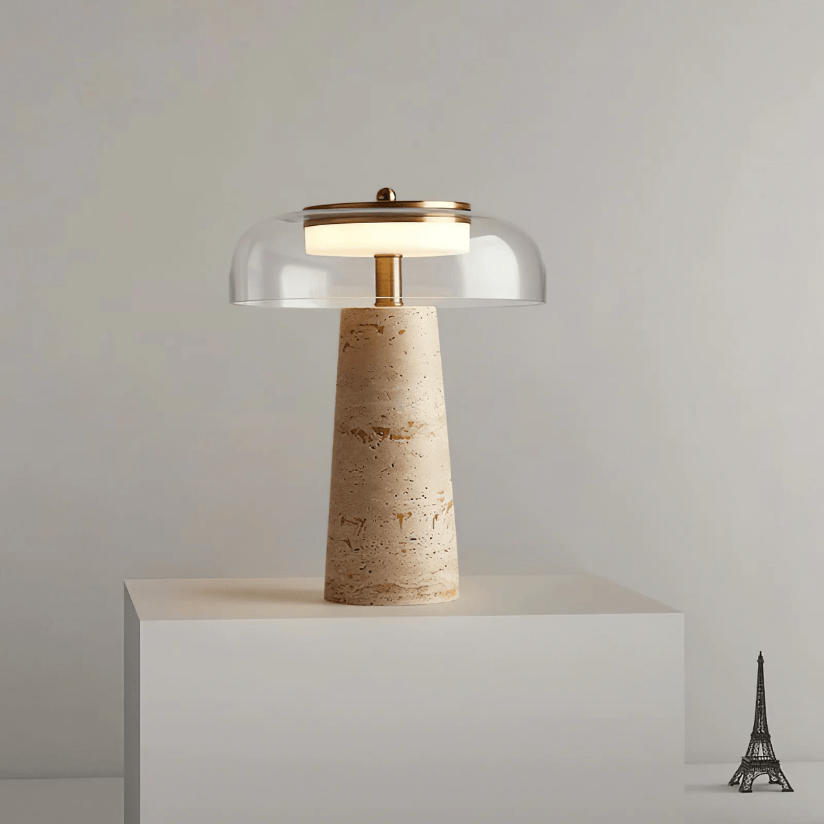 Strata Table Lamp in Yellow Travertine with Smoked Glass Shade
