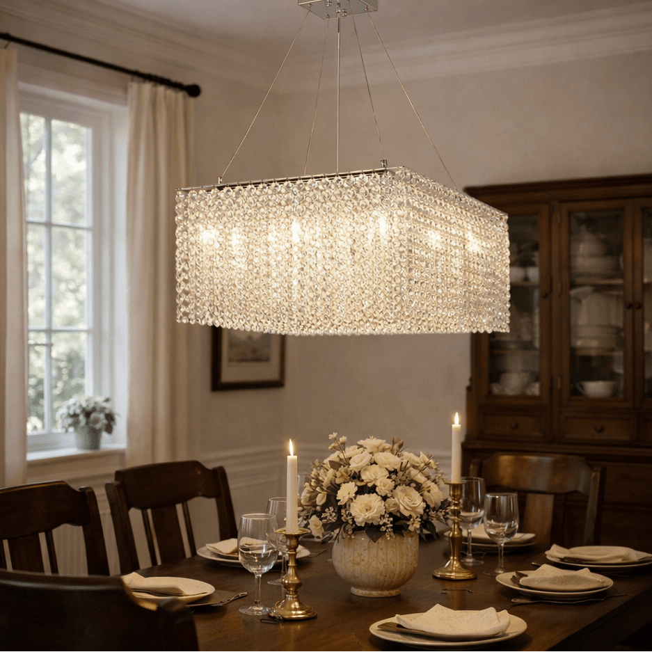 Crystal Frame Chandelier – Modern Geometric Pendant Light for Dining Room and Living Room