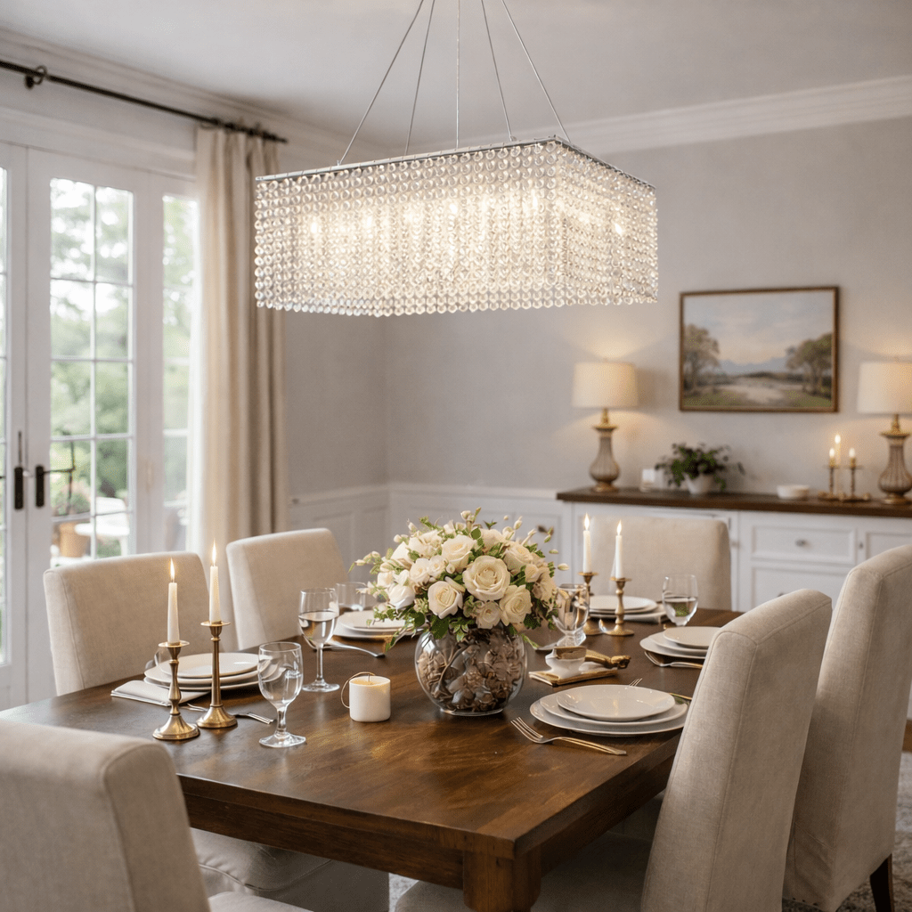 Crystal Frame Chandelier – Modern Geometric Pendant Light for Dining Room and Living Room