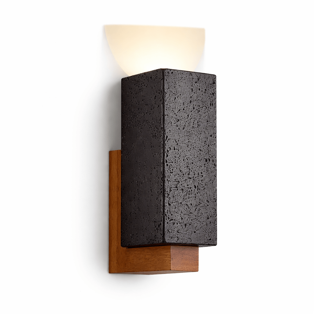 Obsidian Glow Wall Sconce — Black Travertine & Walnut Geometric Wall Light