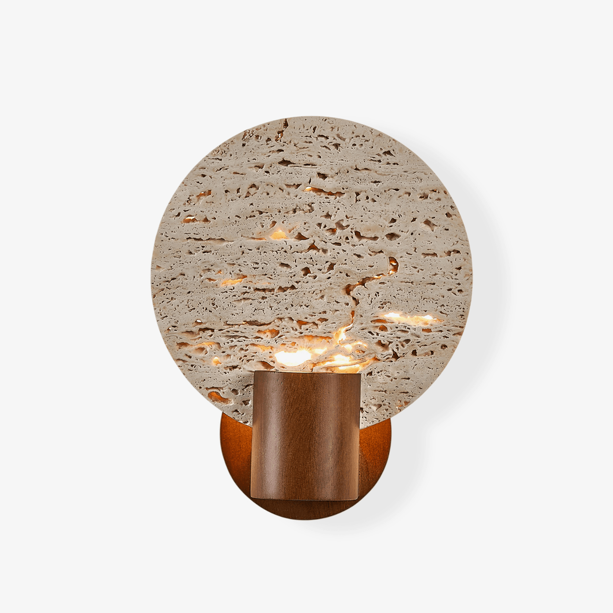 Solis Travertine Round Wall Sconce in Walnut and Yellow Travertine