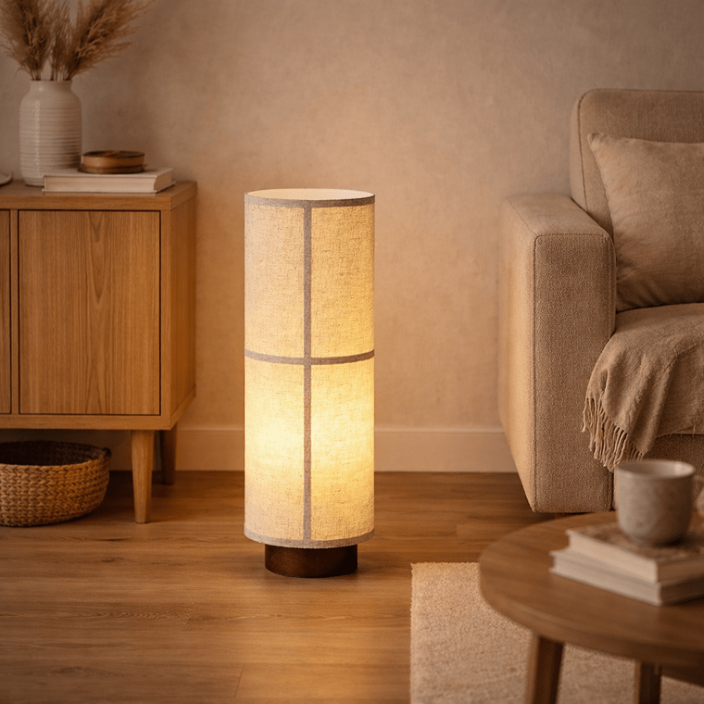 Kanso Glow Floor Lamp – Modern Minimalist Fabric Shade with Walnut Wood Base