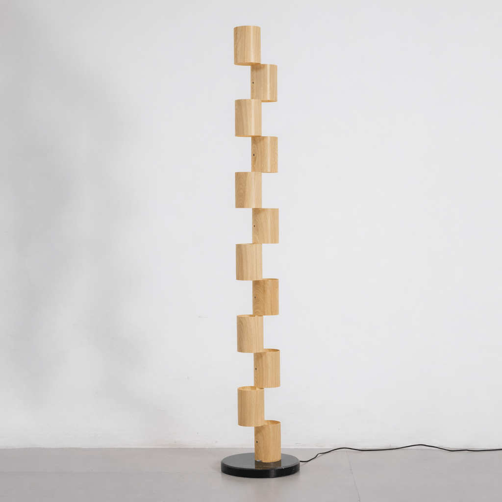 Sculptural Stacked Wood Tower Floor Lamp with Warm Ambient LED Glow