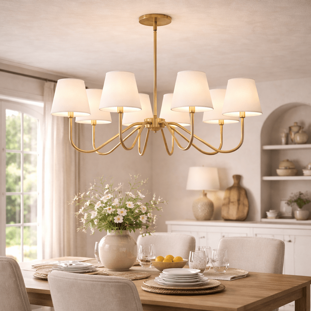 Opaluxe Brass Chandelier – Six-Light Designer Ceiling Light with Fabric Shades