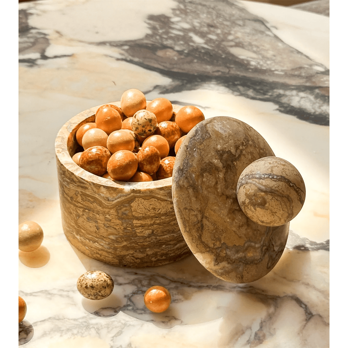 Strata Sphere Natural Marble Storage Box with Sculptural Lid