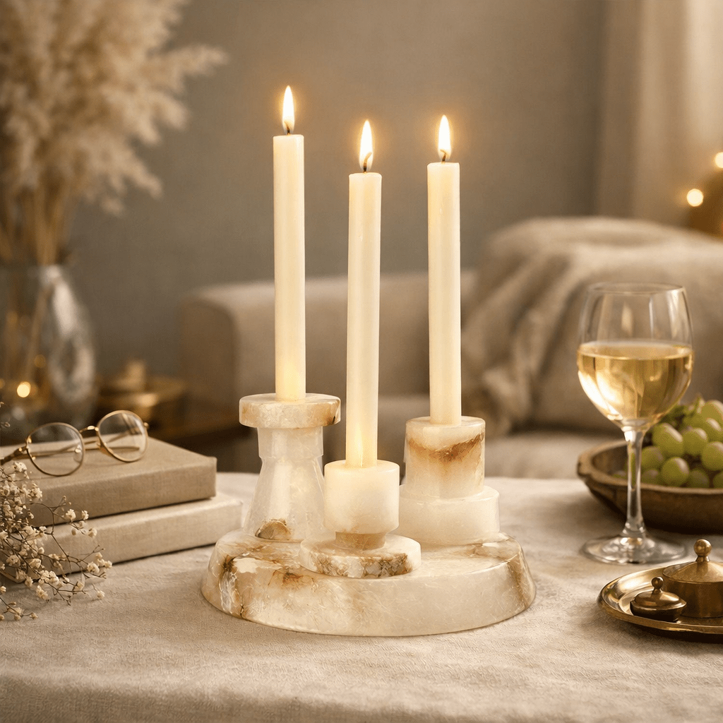 Lithia Tiered Marble Candle Holder – Sculptural White Stone Accent for Modern Interiors