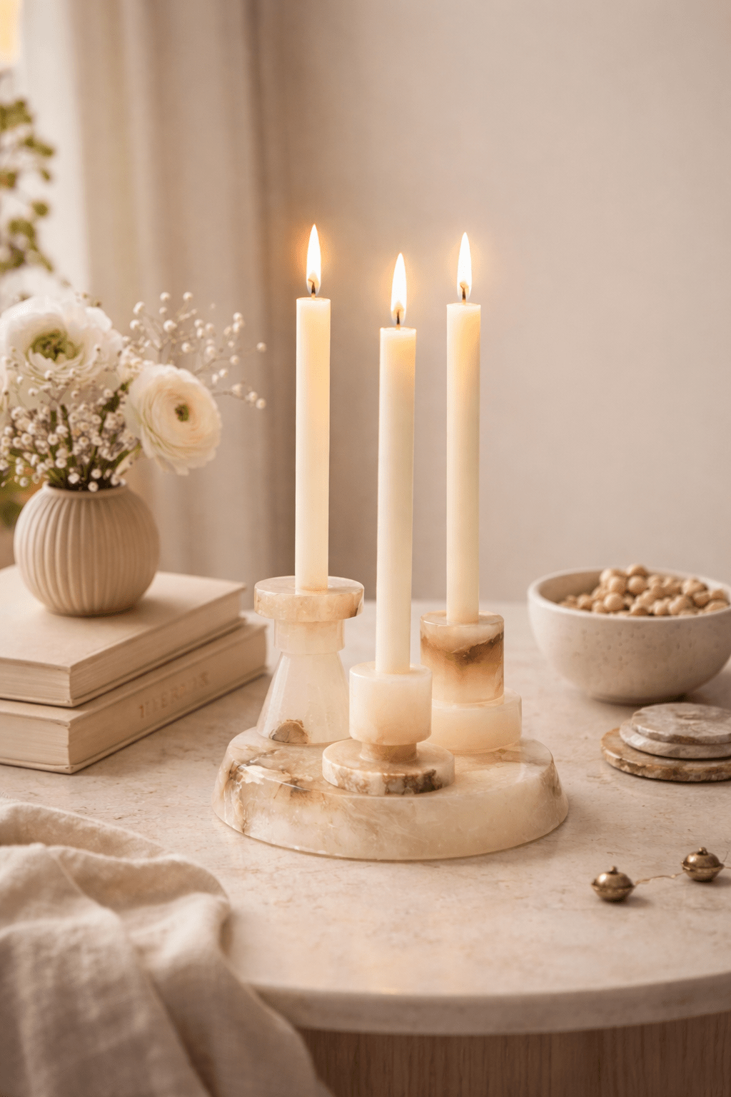 Lithia Tiered Marble Candle Holder – Sculptural White Stone Accent for Modern Interiors