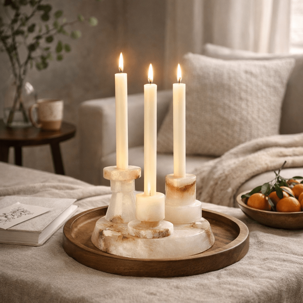 Lithia Tiered Marble Candle Holder – Sculptural White Stone Accent for Modern Interiors