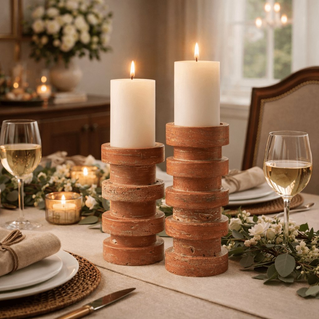 Terrace Stone Candle Holder Set in Natural Travertine