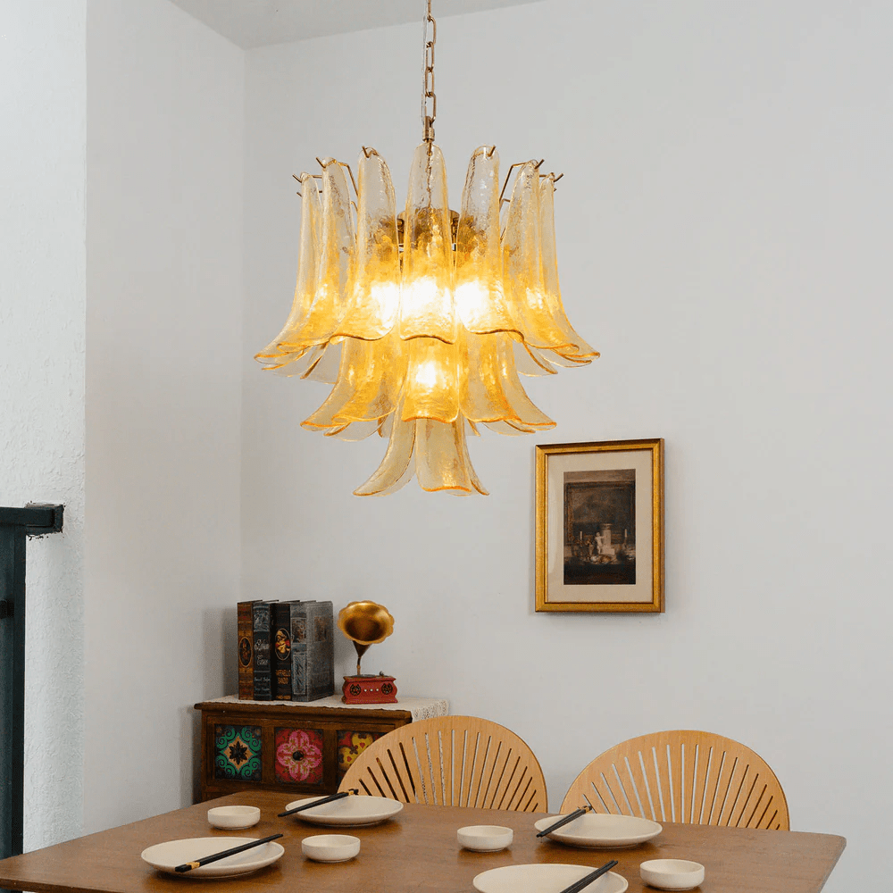 Amber Cascade Glass Chandelier with Brass Frame