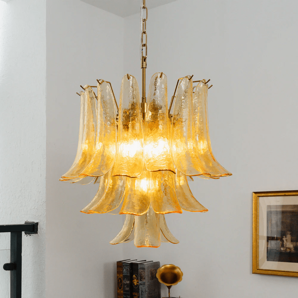 Amber Cascade Glass Chandelier with Brass Frame