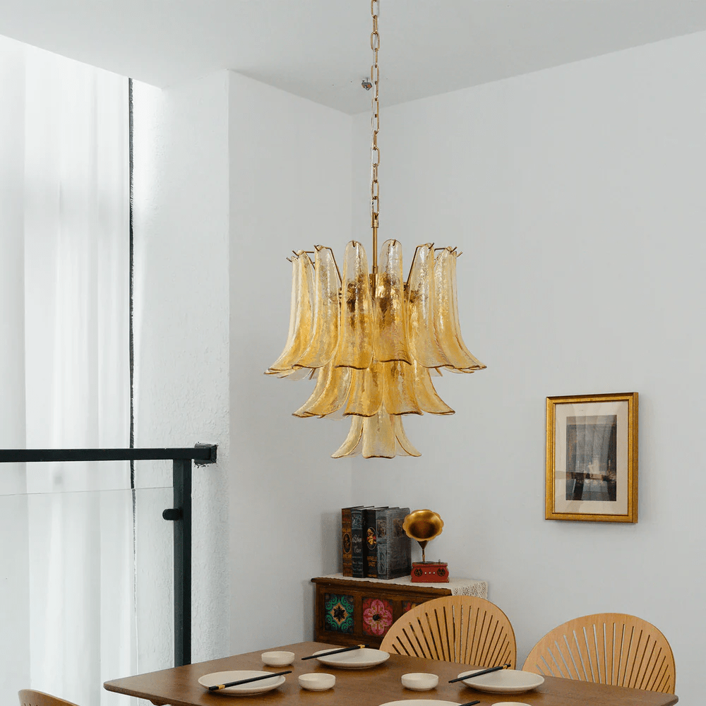Amber Cascade Glass Chandelier with Brass Frame