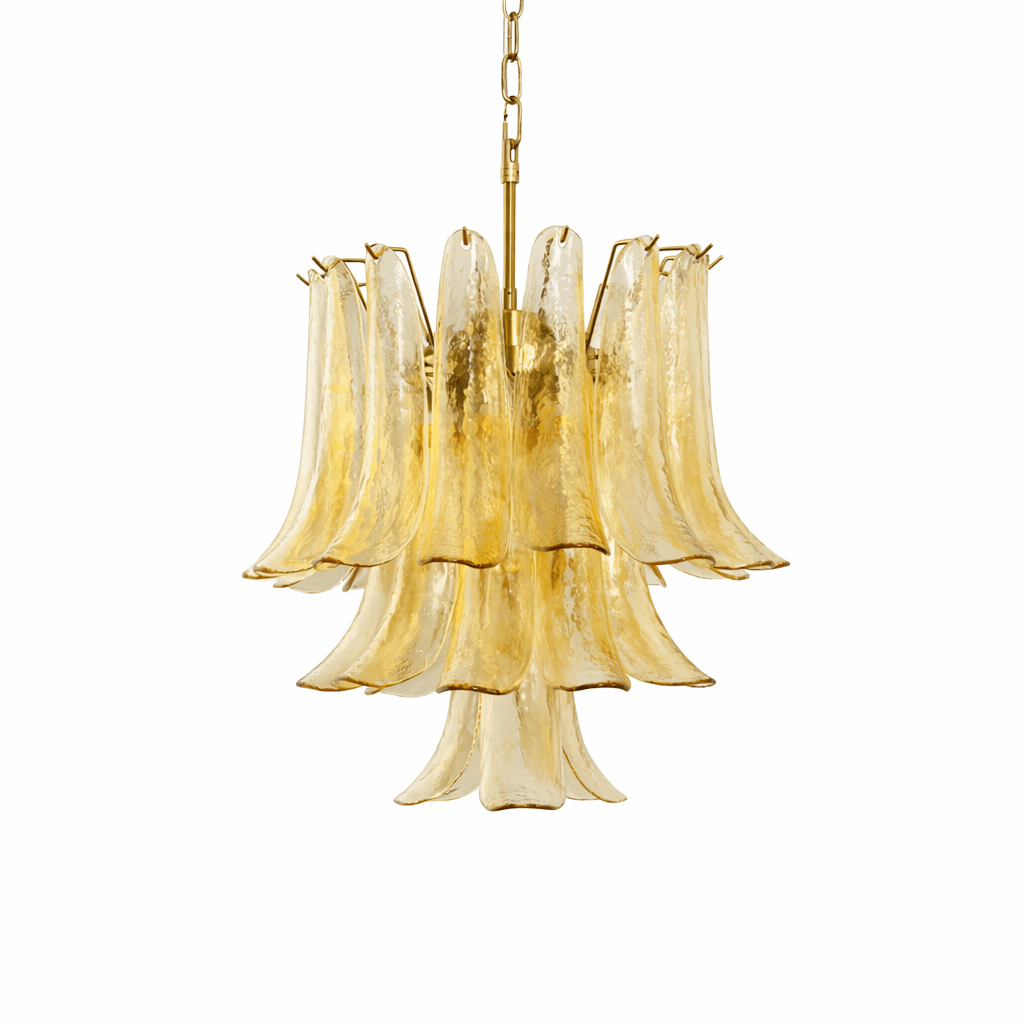 Amber Cascade Glass Chandelier with Brass Frame